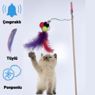 Ponponlu,Zilli ve Tüylü Kedi Oltası 50 cm